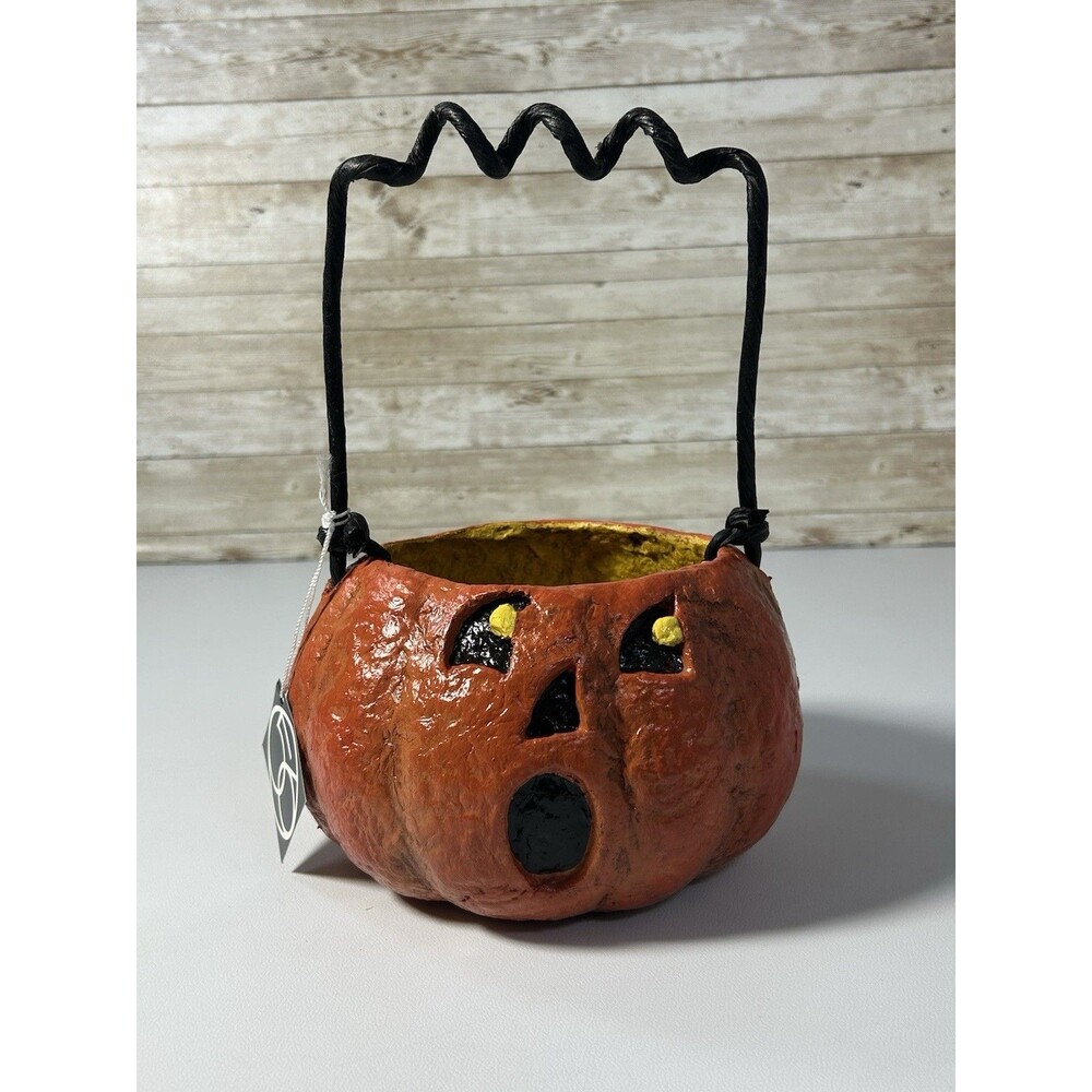 Dept 56 Halloween Paper Mache Style Jack o Lantern Pumpkin Candy Bucket